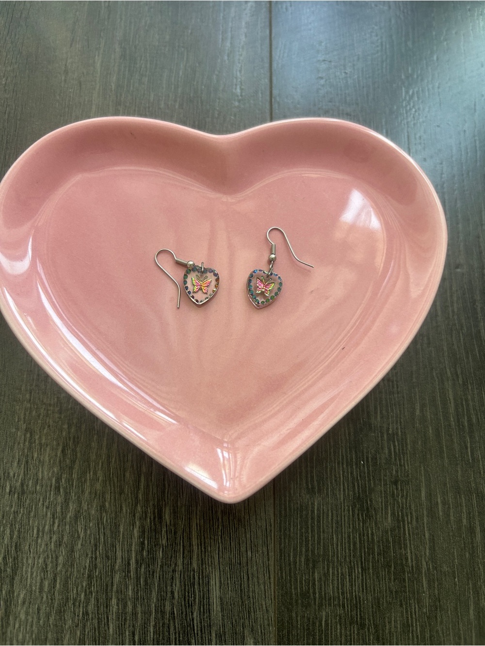 Y2K 90s Iridescent Butterfly Heart Drop Earrings Pink Rhinestone Resin Dangle